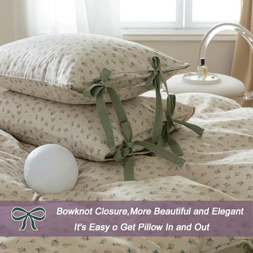 VM VOUGEMARKET Duvet Cover Set Twin 100% Cotton 3 Pcs Girls Green Floral Comforter Cover with Zipper Closure,Cottagecore Style Duvet Cover + 2 Pillowcases with Bowknot-68x86 Inch