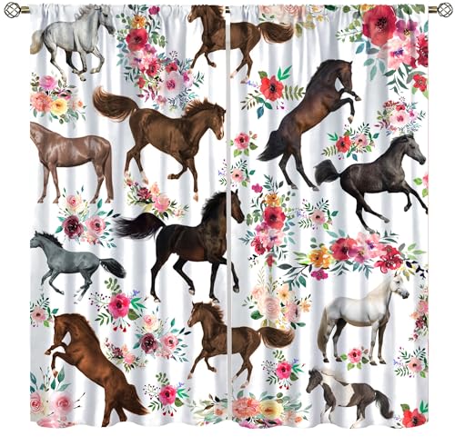 ShiTingYu Girls Horse Blackout Curtains with Watercolor Pink Flower Galloping Horse Pattern, Perfect for Cowgirls, Boys, Teens - Bedroom, Living Room, Kitchen Drapes - 42x45 Inch