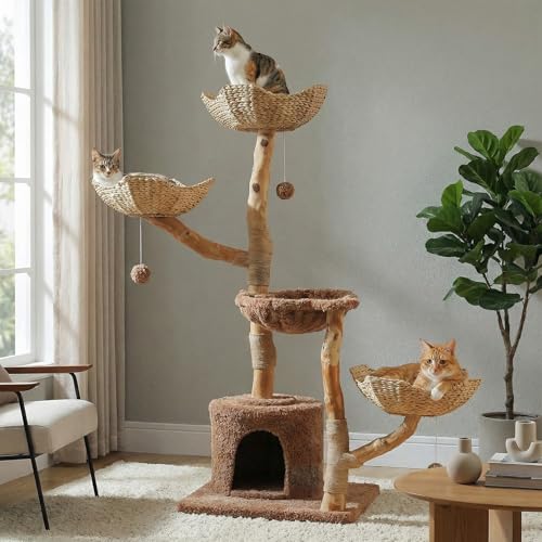 MUTTROS 59 Cat Tree Tower with Real Solid Wood Natural Branch Modern Cat Tree for Large Cats w/3 Handwoven Wicker Baskets- Luxury Boho Cat Furniture w/Condo & Soft Hammock Scratching Post Brown