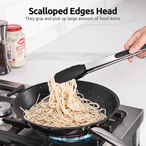 600℉ Heat Resistant Kitchen Tongs: U-Taste 12 Inch Large Silicone Cooking Tong With Sturdy Non Stick Rubber Tips & Silicon Coated 18/8 Stainless Steel Handle & Smooth Locking For Serving Grill (Black) #TOP3