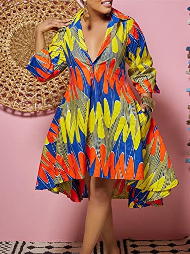 Eqqzd African Vintage Dress For Women 3/4 Sleeve High Waist V Neck Casual Printed Shirt Dresses With Pockets #TOP2