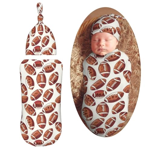 Image of American Funny Football Newborn Swaddle Blankets Hat Sets Soft Baby Receiving Blanket Swaddle Sack for Baby Shower Infant Boy Girl Gift