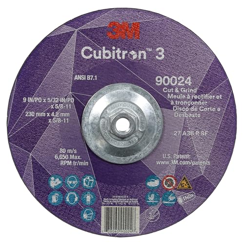 Image of 3M Cubitron 3 Cut and Grind Wheel, 90024, 36+, T27, 9 in x 5 /32 in x 5 /8 in-11, Pack of 10, ANSI, Longer Life, Faster Cut, Back-Gouging, Fillet Weld Removal, Cutting, Grinding