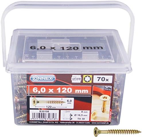 Connex Universalschrauben 6,0 x 120 mm – 70 Stück im Set – Senkkopf | TX-Antrieb – Teilgewinde – Gelb verzinkt – Schrauben-Set – Schrauben-Eimer – im Set – für Befestigungsarbeiten