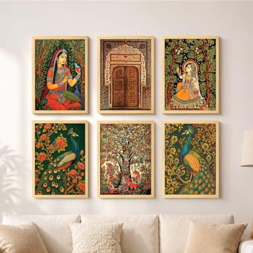 Image of PAINTINGMANTRA Madhubani Paintings For Living Room, Mughal Queen Floral Madhubani Wall art Painting for Bedroom, home wall Decoration item, Set of 6, 13x18 Inch