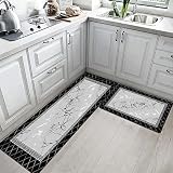 EMMTEEY Black Kitchen Rug Memory Foam Kitchen Rug Abstract Modern Carpet Greek Frame Geometric and M