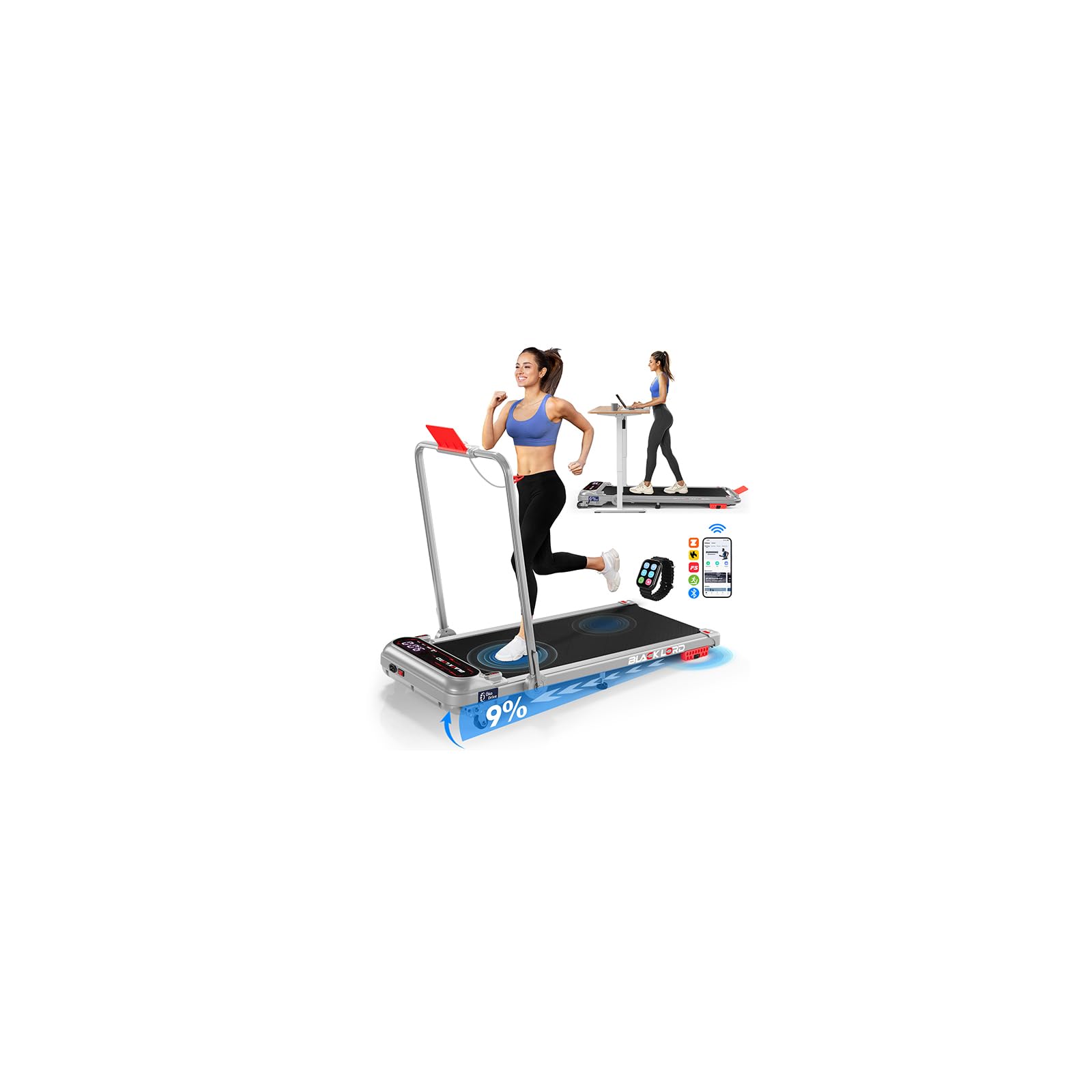 BLACK LORD Electric Walking Pad with Handle, 4 in 1 Foldable Under Desk Treadmills with 9% Incline, LED Display, APP/Wristband Control, 3.0HP, 15 KM/H, Portable Running Machine for Home Office,Silver