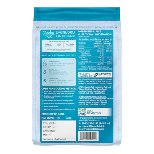 Image of Zeeba Everyday Basmati Rice 1 Kg, Perfect for Everyday Cooking (Cooked length upto 14mm*)