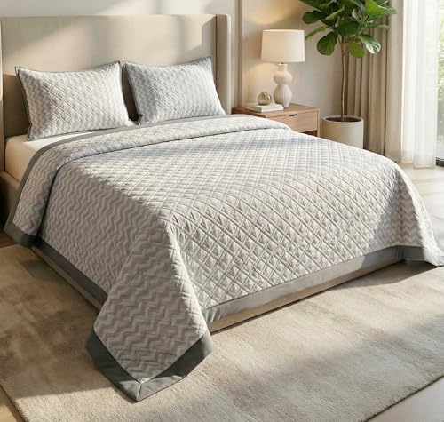 Image of BSB HOME 100% Cotton Ultrasonic Quilted Bedspread Set - 280 Thread Count, Stitch-Free Soft Lightweight Coverlet, King Size 90 x 100 Inches, Breathable Bed Cover with 2 Pillow Cases (Dove Grey) | Breathable Material