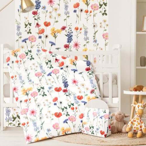 Image of Oudain 4 Piece Spring Flower Crib Bedding Set Including Spring Wild Flower Crib Skirt, Blanket, Sheet and Diaper Stacker, Soft Neutral Nursery Standard Size Baby Bedding for Baby Girls and Boys