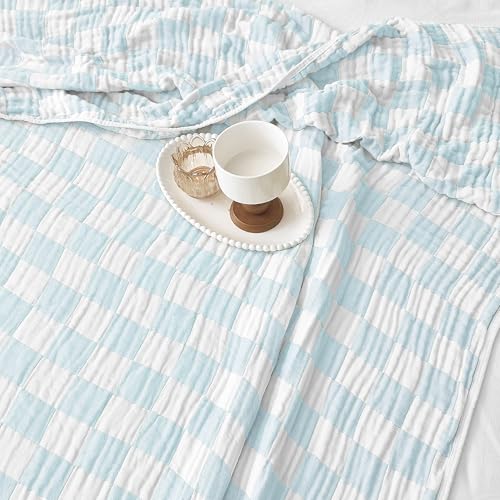 Image of SANACYNA Muslin Throw Blanket 100% Cotton 6-Layer Gauze Light Blue Bed Blanket Lightweight Soft and Breathable Blanket for Sofa Couch Bed Coverlet Both Sides (Sky Blue, Throw 50 inchx60 inch)