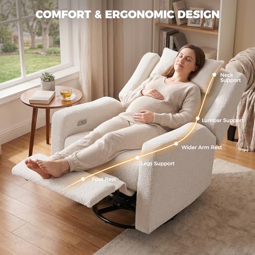 Image of Power Nursery Recliner Rocking Chair with Waist Pillow, Comfy Teddy Farbric, High Back & Lumbar Support Swivel Gilder Recliner for Adults, Living Room, Rocking Chair Nursery USB Charging, Beige