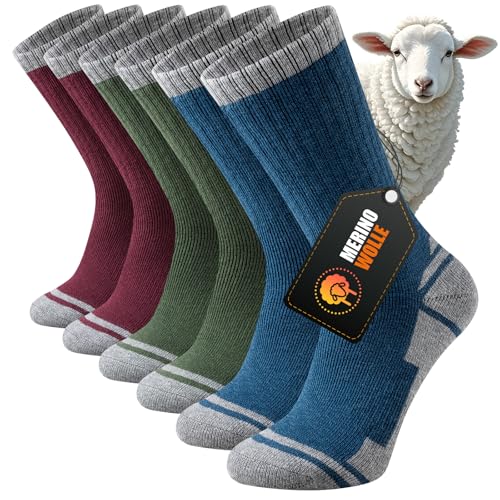 Stoeury Calze Trekking Lana Merino Uomo Donna, Caldi Calzini Termici Invernali, Calzini Sportivi Lana Merino, Anti Vesciche, Spugna, Traspiranti, 3 Paia