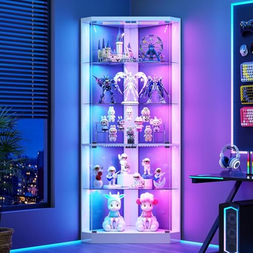 Gurexl 69 Corner RGB Glass Display Cabinets with lock for Curio White