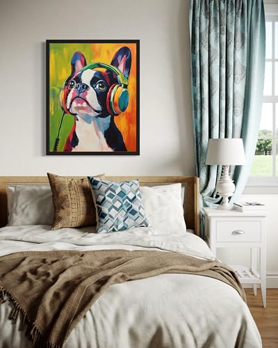 Image of Boston Terrier Music Headphone Black Framed Wall Art Print Poster, Dog Pet Lover Picture Painting Artwork Bedroom Living Room Office Dining Room 150D (Boston Terrier Music Headphone, 10 inchL x 8 inchW, Black Frame)