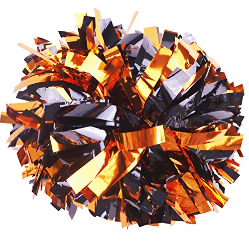 Gbateri 2 Pieces 6 Inches Metallic Cheerleading Pom Poms with Baton Handle, Cheerleader Pom Poms, Cheering Pom Poms Cheer Pompoms for Kids Adults School Spirit Dance Party Cheering(Orange and Black)
