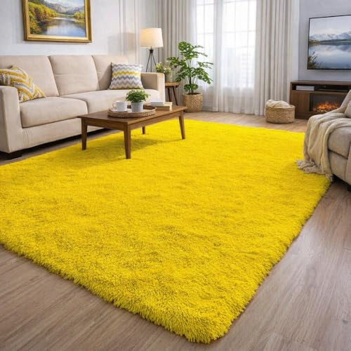 Image of Carpet for Hallway, Kitchen, and Modern Interiors, Cozy Shag Runner for Living Room, Entryway & Office Decor Size 5x8 feet Yellow