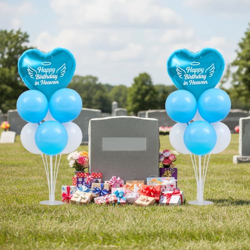 LaRandom 2 Sets Happy Birthday in Heaven Decoration Kit Heart Balloon with Stand and 12 Latex Balloons Birthday Cemetery Grave Decor Memorial Funeral Decor Celebration of Life(Blue White)
