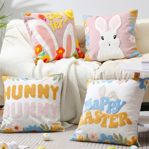 SmoothNovelty 18 x 18 in Easter Pillow Covers Set of 4,3D Embroidered Bunny Rabbit Throw Pillow Cases Spring Cushion Case Velvet Easter Decorative Throw Covers for Home Sofa Decoration