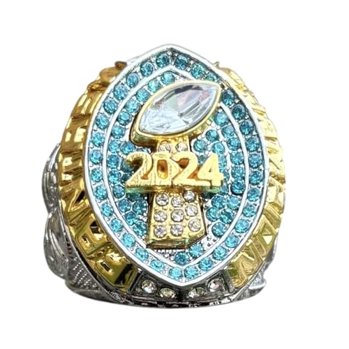 Legacy Rings 2024 Fantasy Football Championship Trophy Ring Gold Silver Tone, Award for Fantasy Football League Winner Light Blue Stones Size 10