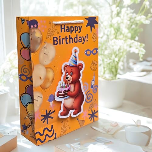 Image of TASCHE 3D Bear pop up Gift Bags for Return Gifts | Pop-Out Paper Bags for Kids Birthday, Baby Shower, Party Favors | 11x8x3 Inches (BALLOON BUDDY, Pack Of 60)