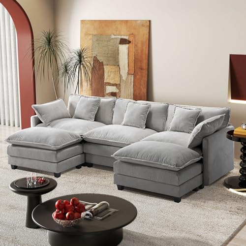 Image of 113.4 inch Modular Sectional Sofa,U Shaped Couch for Living Room,Modern Deep Seat Sofa 3 Seater Chenille Fabric Comfy Cloud Couches with Throw Pillows & Movable Ottoman
