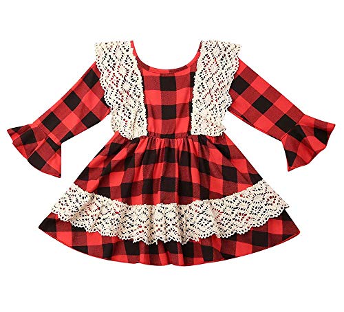 Toddler Baby Girls Plaid Dresses Ruffle Long Sleeve Princess Skirt Christmas Party Gown Gift Casual Playwear (C-Red, 6-12 Months)