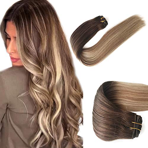 Weave in Human Hair Extensions 100% Brazilian Virgin Hair Bundles Sew in Real Remy Hair Weft Balayage Medium Brown to Golden Brown with Platinum Blonde Highlights Full Head Double Weft 100g 18 Inch
