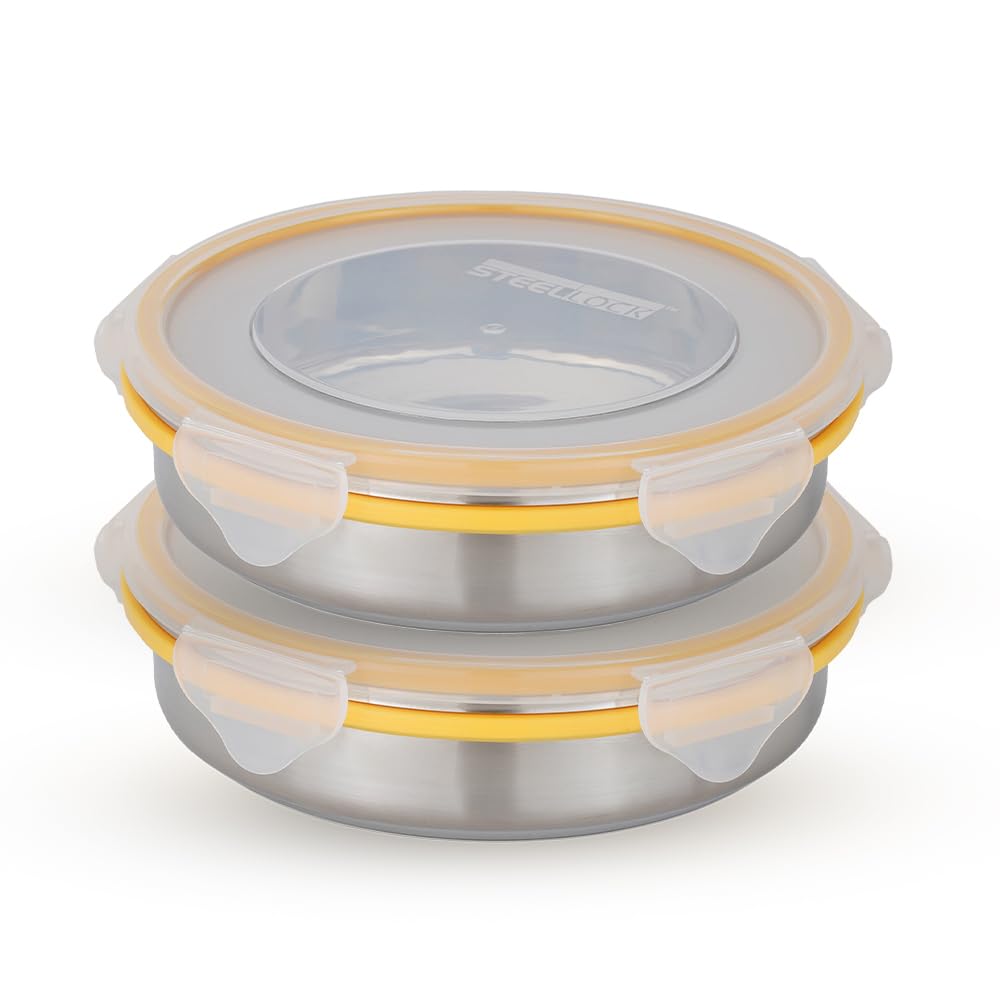STEELLOCK Stainless Steel Airtight Container with Lid | Leakproof, BPA-Free, Durable Kitchen Storage | Multipurpose Food Storage Containers for Kitchen | SL-1400-set of 2, 450ml each, Yellow
