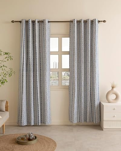 Image of THE LINEN COMPANY Cotton Room Darkening, Light Blocking Curtain 6 feet with Eyelet Rings 2 Pcs Set for Living Room, Dining Hall, Hotel, Farm House (4.5 ft x 6 ft, Bohemia Blue)