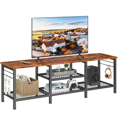 Image of Furologee 55 Inch TV Stand, Entertainment Center with Shelves, Rustic Brown | Media Console Table, Open Storage Shelves, 4 Hooks, for 60 /65 Inch TVs, TV Stands for Living Room, Bedroom