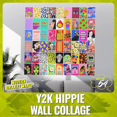 Image of MODERN GALLERY MART Pack of 54 Indie Y2K Hippie Wall Collage Kit Posters - 4 x 6 Inches Posters for Wall Decoration - Wall Art For Bedroom, Office, Living room, Dorm room - Glue Dots Included
