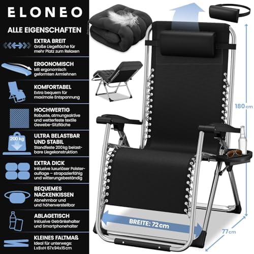 Bild 1 - ELONEO Liegestuhl klappbar inkl. Premium Polster, Sonnenliege wetterfest mit 200 kg Belastbarkeit, Gartenstuhl extra breit, Gartenliege mit Verstellbarer Rückenlehne, Nackenkissen und Getränkehalter