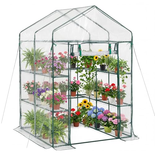 Image of VEVOR Walk-in Greenhouse, 54 inch x 54 inch x 77.2 inch Greenhouse for Outdoors with PVC Cover, 2 Tiers 10 Shelves, Roll-Up Zipper Door, Walk in Green House, Portable Plant Garden Hot House for Backyard Outside