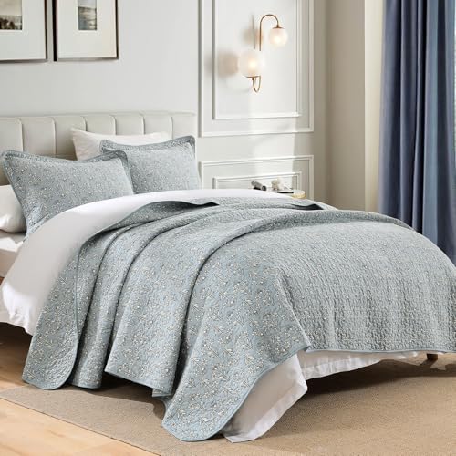 VatinHK 100% Cotton Queen Size Quilt - Farmhouse Block Print Floral Bedspread Set 3 Pieces, Lightweight Vintage Cottagecore Bedding Coverlet with 2 Pillow Shams, All Season, Soft Blue — view 2