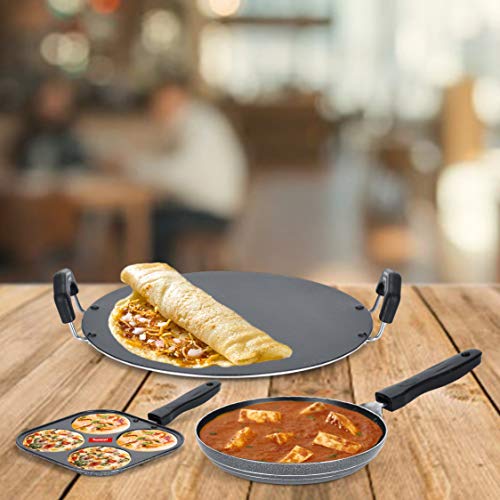Image of Sumeet NonStick Grizaj Cookware Set (Tawa-30.5cm Dia + Mini Multi Snack Maker - 4 Cavity -19.5cm + Tapper pan - 0.6Ltr - 20Cm Dia)