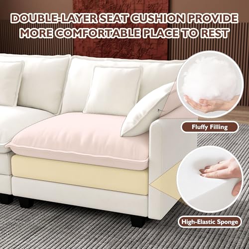 Image of Ihanherry 114 inch V-Shaped Modern Sofa Modular Sectional Cloud Couch with Corner Section, 5-Seat Chenille Deep Seat Sofa with 5 Pillows for Living Room, Bedroom and Apartment, Beige