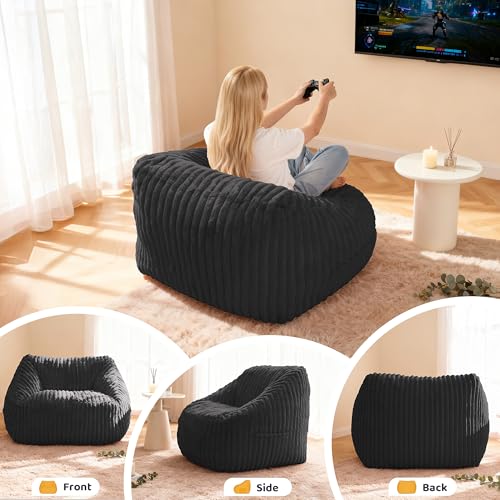 Image of Bean Bag Chair, Giant Bean Bag Chairs for Adults and Kids, Bean Bag Sofa, Lazy Floor Sofa, Faux Fur Beanbag Chair with Armrests for Living Room Bedroom (Black)