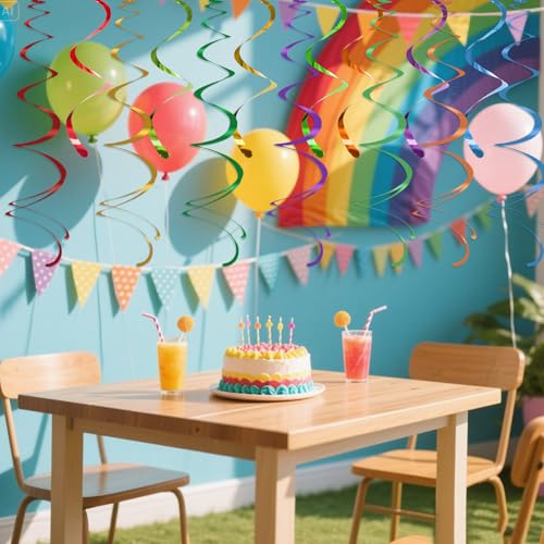 Image of Colorful Ceiling Swirl Foil Decorations Hanging Plastic Streamer Themed Swirl Party Decoration for Wedding Thanksgiving Day Graduation Celebration, Pack of 28 (Rainbow)
