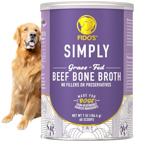 Fido's Grass-Fed Beef Bone Broth for Dogs 7oz with 94% Protein - Picky Eaters Human Grade Bone Broth Powder for Dogs - Made in USA - No Preservatives - Supports Joints + Gut Health - 60 Scoops