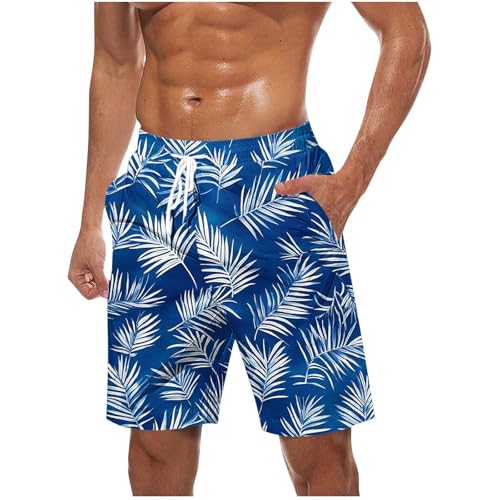 Mens Swim Trunks Hawaiian Print Stretch Drawstring Quick Dry Shorts Summer Beach Tropical Short with Pockets