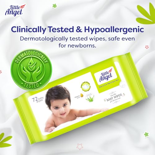 Image of Little Angel Super Soft Cleansing Baby Wipes, 648 Count, Enriched with Aloe vera & Vitamin E, pH Balanced, Dermatologically Tested & Alcohol-free, Pack of 9, 72 count /pack