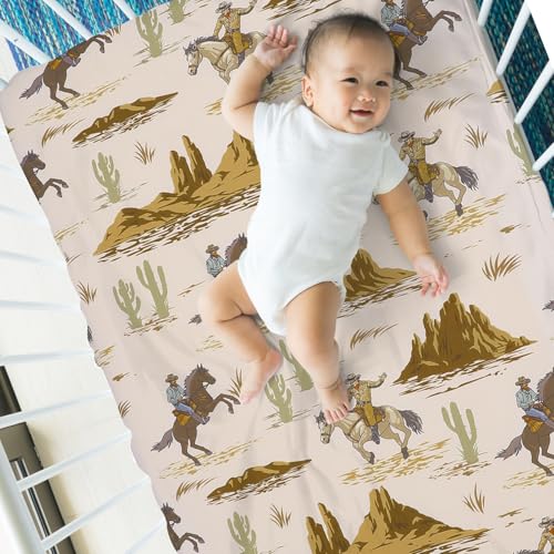 Image of Mindsoft 2 Pcs Crib Sheet Set 52 x 28 x 8 Inches Baby Sheet Newborn Bedding Nursery Crib Sheets for Girl Boys Baby Gifts for Toddler Mattresses (Cowboy)