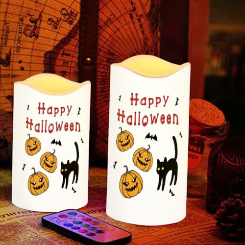 Image of Pumpkin Color Changing Flameless LED Candles Set of 4 | Battery Operated Fake Candles with Remote Control, Cat Flickering Flame Home Holiday Party Centerpiece Decor
