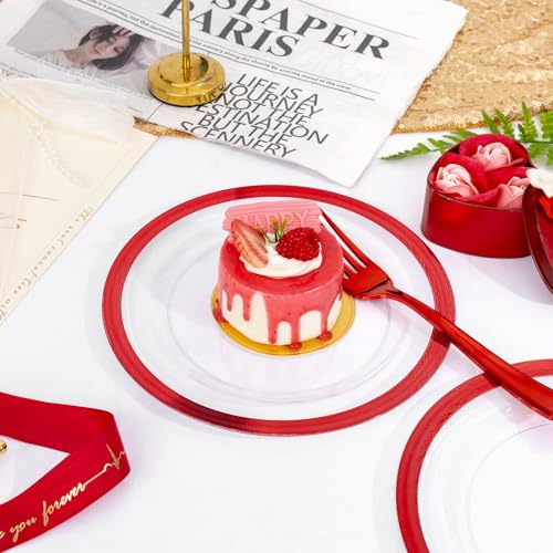 U-QE 200PCS Red Plastic Plates - Clear Red Plastic Plates Disposable Heavy Duty - Include 100 10" Dinner and 100 7" Dessert Platos for Party
