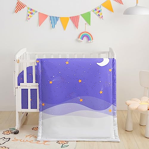 Image of Crib Bedding Set, 3pcs Nursery Bedding with Comforter Crib Sheet & Crib Skirt - Purple Starry Sky Moon Printed for Baby Boys and Girls