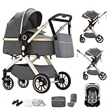 Shineey 3 in 1 Baby Stroller with Height Adjustable Handle,3 in 1 Prams Travel System, Lightweight Foldable Pushchair, Prams with Aluminum Frame for Portable Baby Carriage (U9-X//Dark Grey, U9-X)