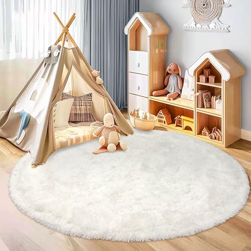 Round Cream Fluffy Rug - 3FT Super Soft Circle Rug for Kids & Nursery - Shaggy Plush Fuzzy Carpet for Boys & Girls Rooms