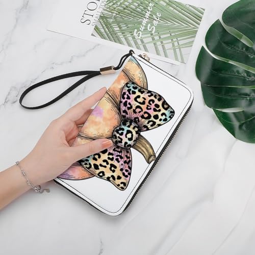 Pumpkin with Leopard Print Coquette Bow PU Leather Clutch Long Bifold Wallet, Coin Purse Credit Pass Case, Durable Card-Holder Money Storage for Women Men4