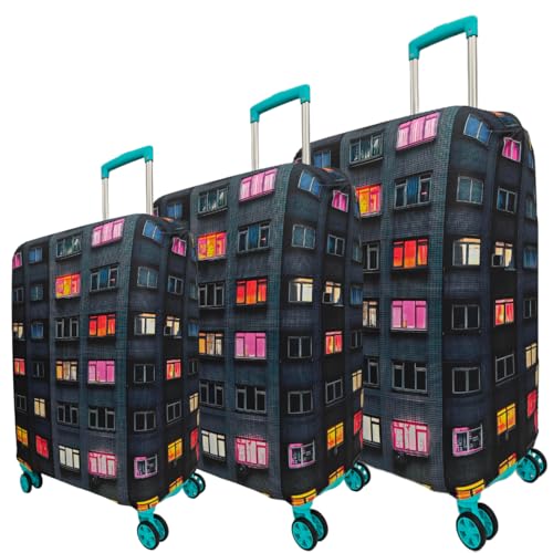 Image of Printed Travel Luggage Cover for Suitcase - Stretchable & Scratchproof Trolley Bag Protector (3, City Lights, 3 Size Combo)